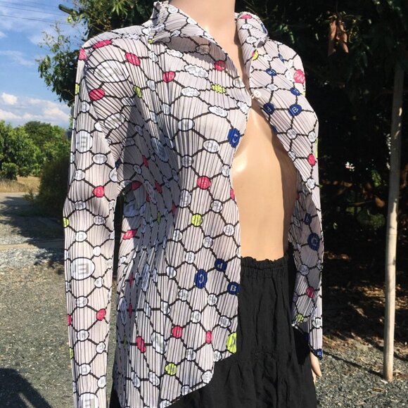PLEATS PLEASE Issey Miyake Long Sleeve Cardigan Shirt Element Print Gray Size 3 - Picture 2 of 11
